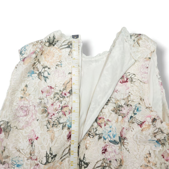 Nanette Lepore Floral Lace Top Ivory Pink Blue Scalloped Neck Back Zip Pastel XL - Picture 7 of 7
